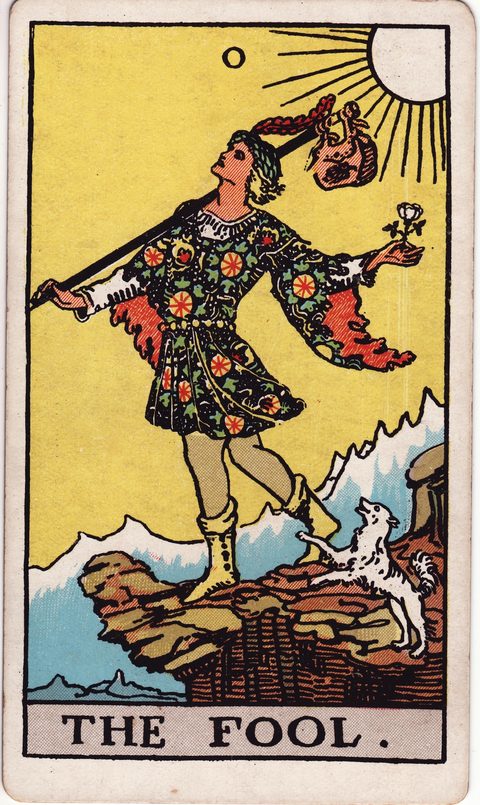 愚者(The Fool)のカード画像。ライダー版タロット