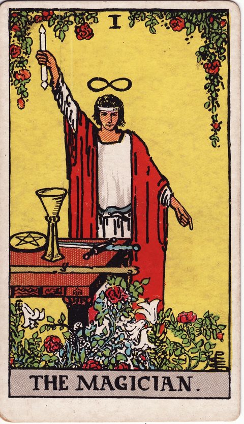 魔術師(The Magician)のカード画像。ライダー版タロット