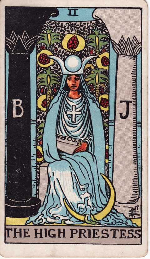 女教皇(The High Priestess)のカード画像。ライダー版タロット
