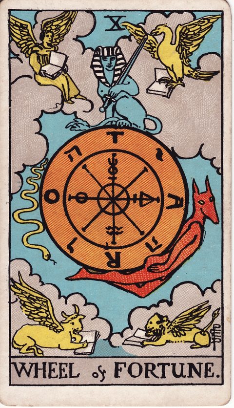 運命の輪(Wheel of Fortune)のカード画像。ライダー版タロット