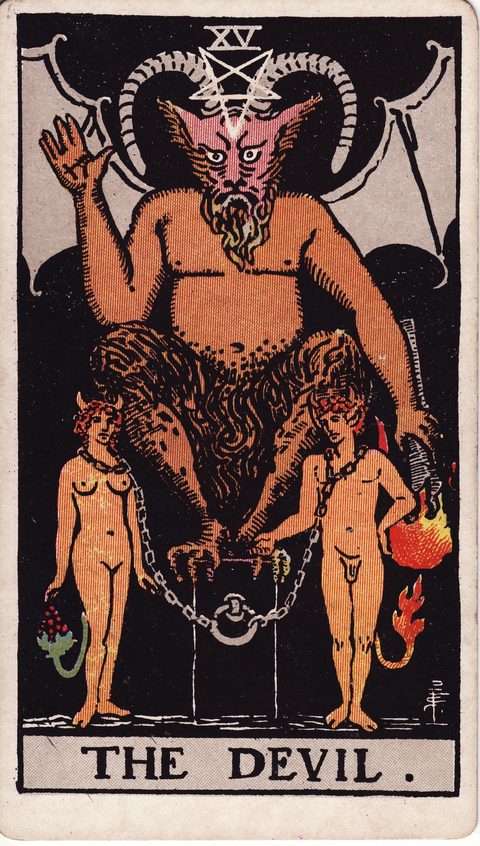 悪魔(The Devil)のカード画像。ライダー版タロット