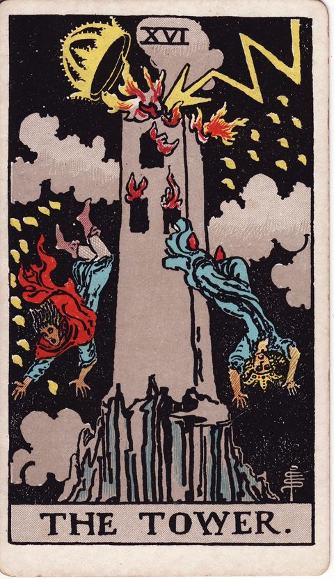 塔(The Tower)のカード画像。ライダー版タロット