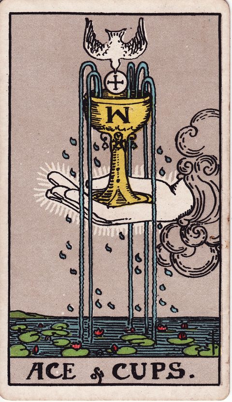 カップのエース（Ace of Cups）のカード画像。ライダー版タロット