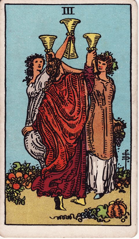 カップの3(Three of Cups)のカード画像。ライダー版タロット