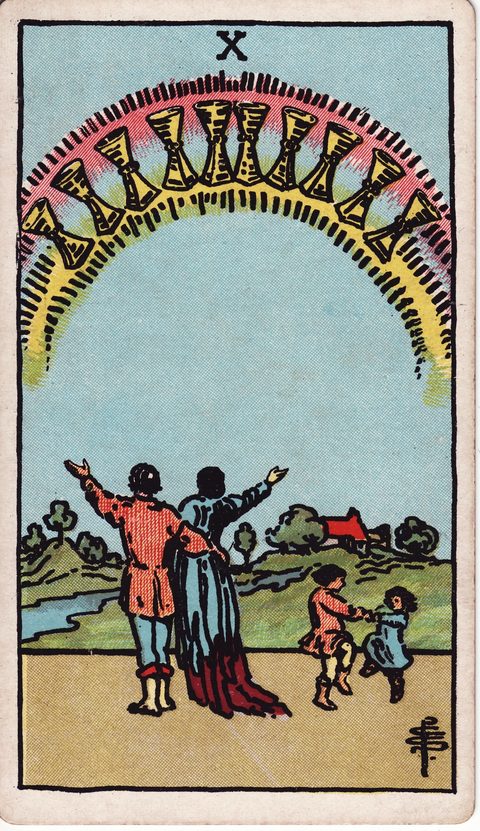 カップの10(Ten of Cups)のカード画像。ライダー版タロット