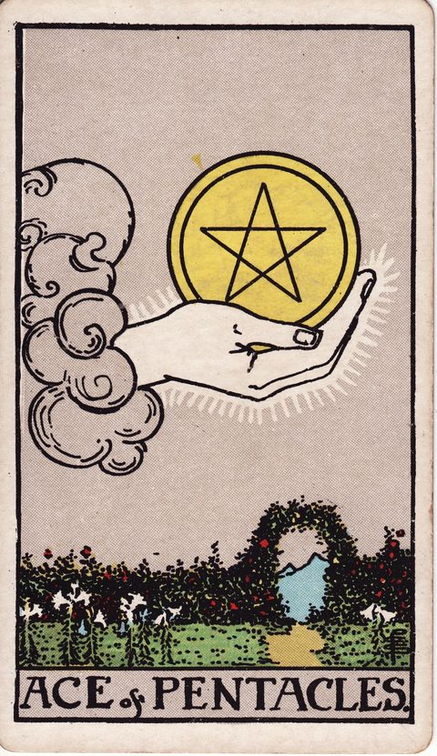 ペンタクルのエース(Ace of Pentacles)のカード画像。ライダー版タロット