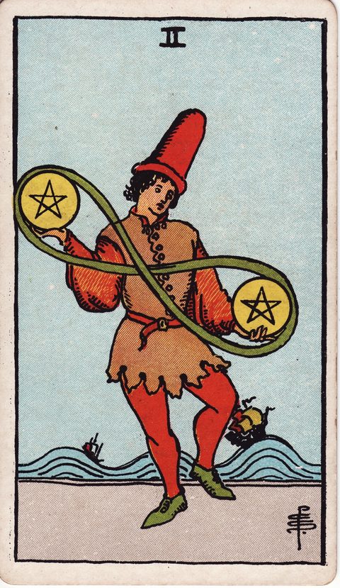 ペンタクルの2（Two of Pentacles）のカード画像。ライダー版タロット