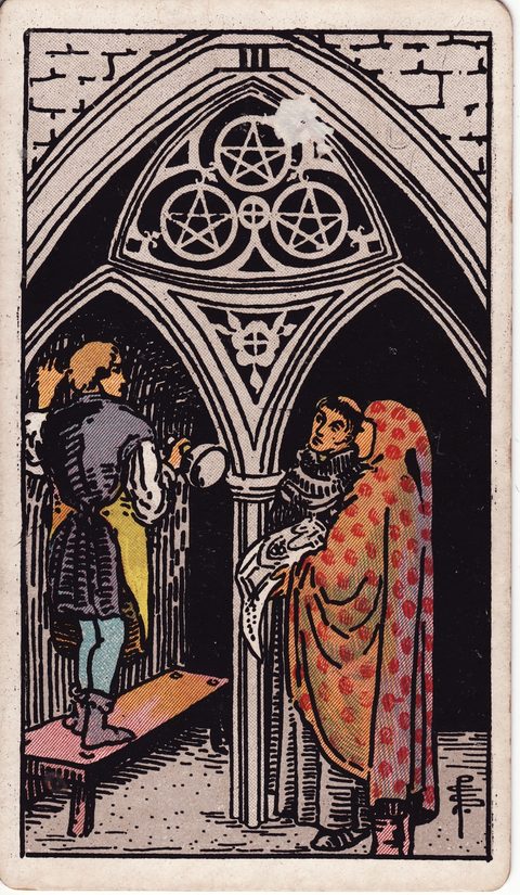 ペンタクルの3(Three of Pentacles)のカード画像。ライダー版タロット