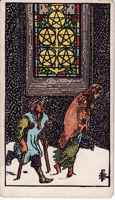 ペンタクルの5(Five of Pentacles)のカード画像。ライダー版タロット