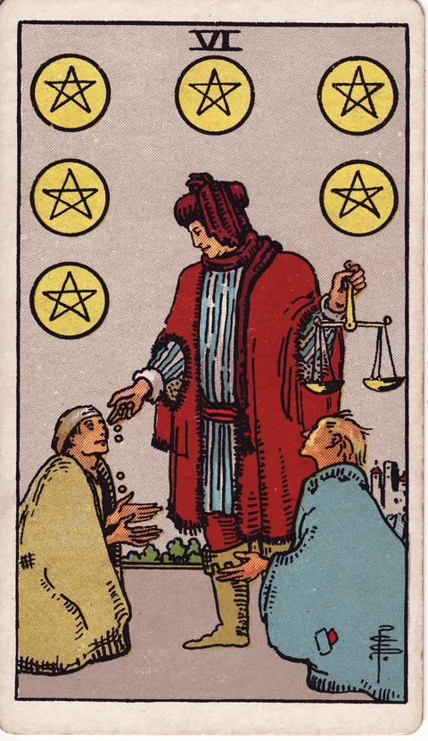 ペンタクルの6(Six of Pentacles)のカード画像。ライダー版タロット