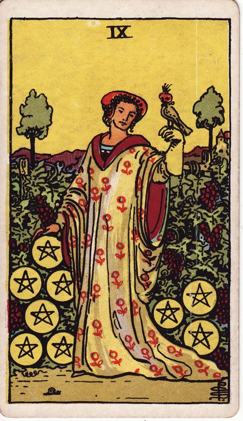 ペンタクルの9(Nine of Pentacles)のカード画像。ライダー版タロット