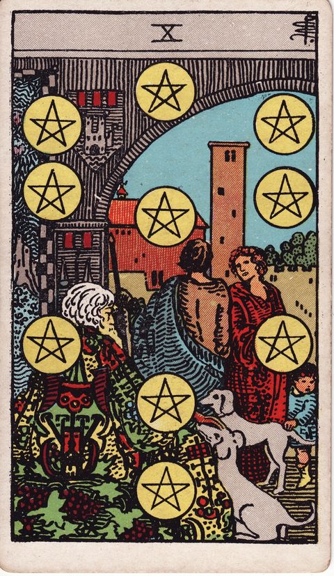 ペンタクルの10(Ten of Pentacles)のカード画像。ライダー版タロット