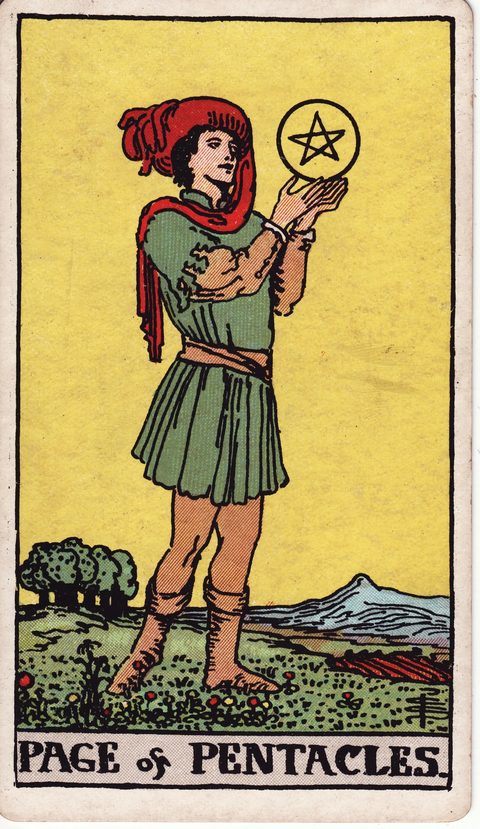 ペンタクルのペイジ(Page of Pentacles)のカード画像。ライダー版タロット