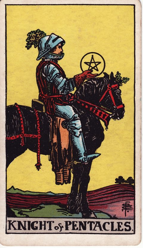 ペンタクルのナイト(Knight of Pentacles)のカード画像。ライダー版タロット