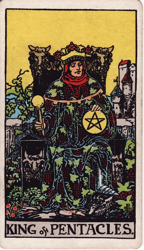 ペンタクルのキング(King of Pentacles)のカード画像。ライダー版タロット