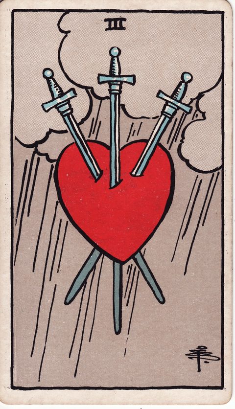 ソードの3(Three of Swords)のカード画像。ライダー版タロット
