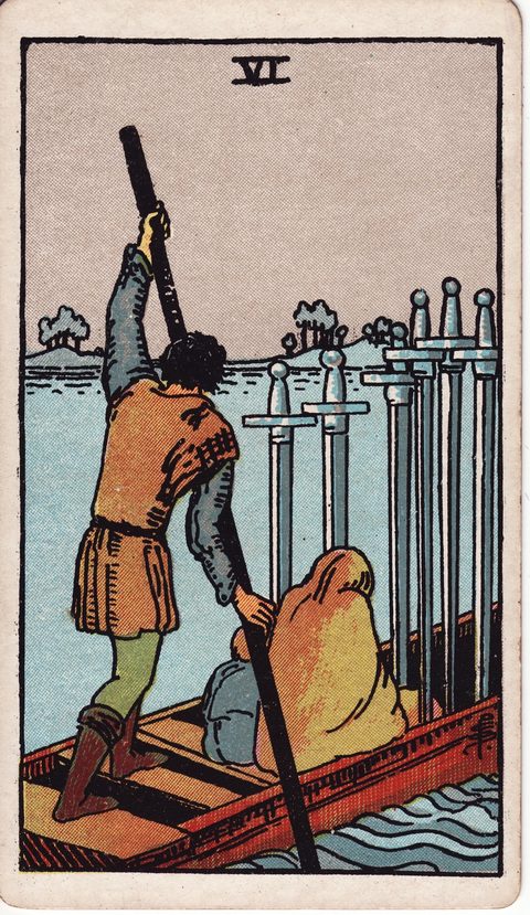 ソードの6(Six of Swords)のカード画像。ライダー版タロット