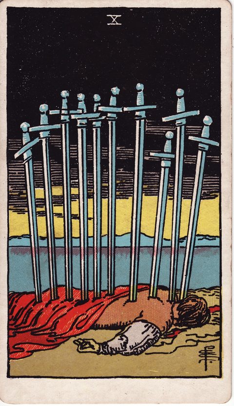 ソードの10(Ten of Swords)のカード画像。ライダー版タロット
