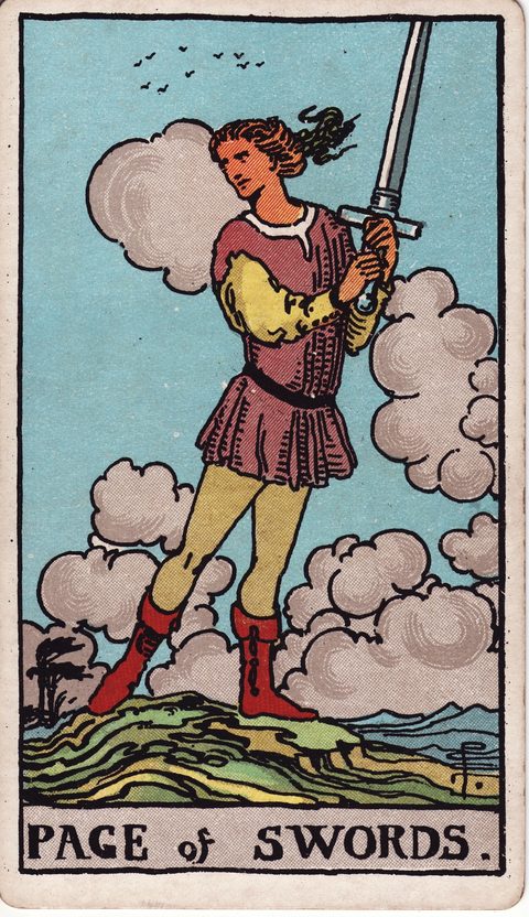 ソードのペイジ(Page of Swords)のカード画像。ライダー版タロット