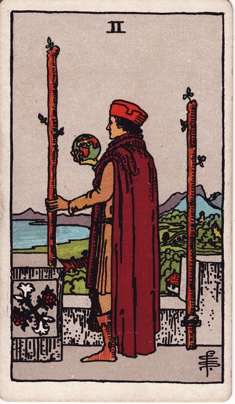 ワンドの2(Two of Wands)のカード画像。ライダー版タロット