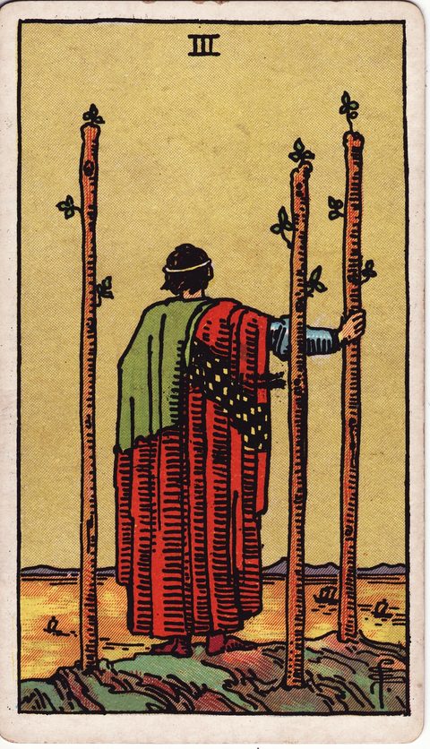 ワンドの3(Three of Wands)のカード画像。ライダー版タロット