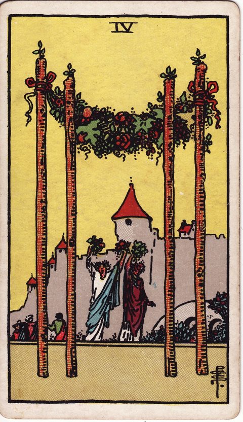 ワンドの4(Four of Wands)のカード画像。ライダー版タロット