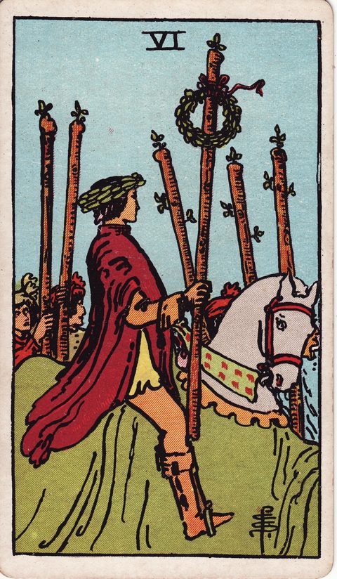 ワンドの6(Six of Wands)のカード画像。ライダー版タロット