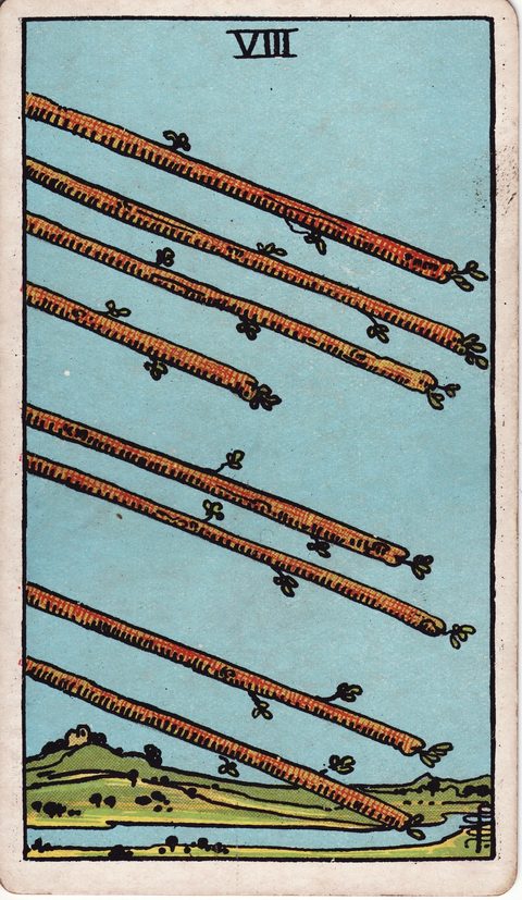 ワンドの8(Eight of Wands)のカード画像。ライダー版タロット
