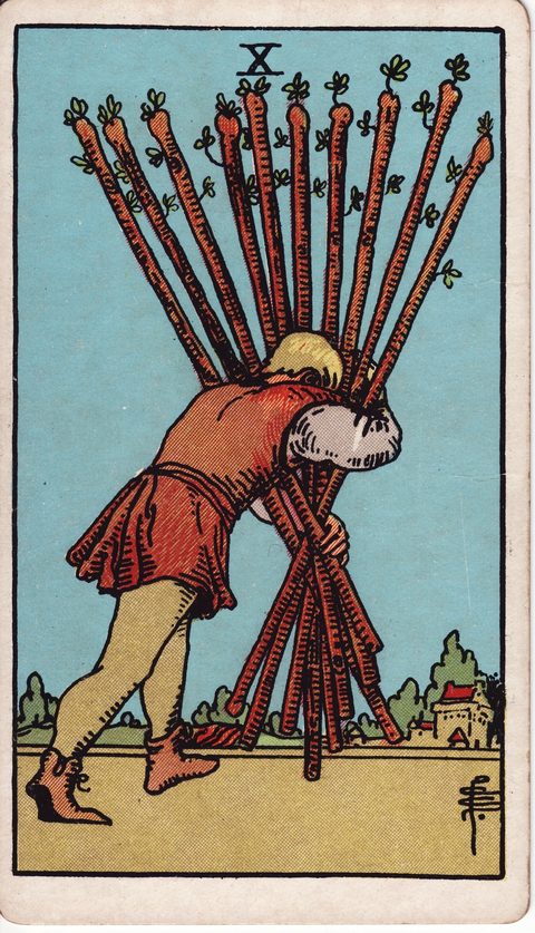 ワンドの10(Ten of Wands)のカード画像。ライダー版タロット