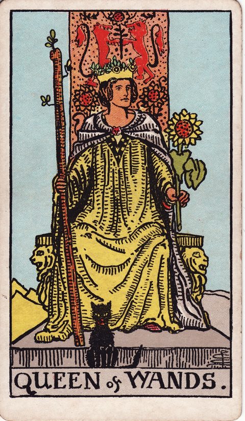 ワンドのクイーン(Queen of Wands)のカード画像。ライダー版タロット