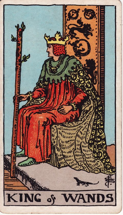 ワンドのキング(King of Wands)のカード画像。ライダー版タロット